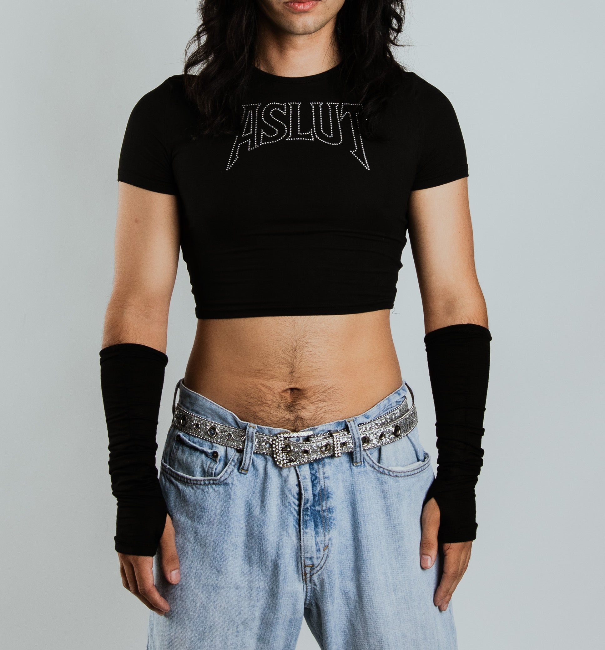 Crop Black Rhinestone Tee